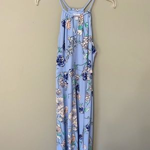 Floor length blue and floral dress.